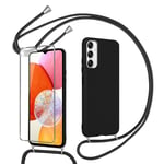 Pnakqil Coque avec Cordon pour Samsung Galaxy A14 5G,avec Verre Trempé Protecteur d'écran, Silicone Case Lanyard Housse de à Lanière Réglable Antichoc Résistant aux Rayures pour Samsung A14 5G- Noir