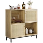 Lunsy - Buffet avec 2 portes en rotin - Armoire de rangement en bois avec étagère ouverte - 101 x 94 x 30 cm - Chêne