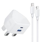 iPhone Fast Charger Plug and Cable,Dual Port Micro USB iPhone Charge Plug for iPhone 14/14 Pro/13/13 Pro/12/12 Pro/11/SE/10 iPhone USB C to Lightning Charging Cable and Plug,Type C Plug and Lead