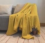 KyraHome100% Organic Cotton 55"x60" Muslin Throw Blanket for Couch Adults, Pre-Washed Plant & Hand Dyed Breathable Soft, Cozy, Lightweight Summer Blanket with Fringe, All Season (Mustard Yellow)