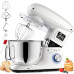 Robot Patissier, Zuccie 1500W Robot Cuisine avec Écran Tactile LCD Fonction de Temporisation, 6.2L Robot Pâtissier avec Batteur, Fouet, Crochet et Pare-éclaboussures, 6+P Vitesses (Blanc)