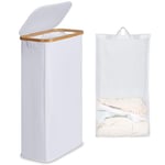 efluky Panier à Linge étroit 63L, Panier à Linge Mince avec Couvercle, Blanc Bac à Linge Pliable avec Poignées en Bambou et sac Amovible pour Chambre, Salle de Bain, Buanderie