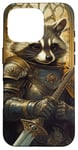 Coque pour iPhone 16 Pro Carte de tarot raton laveur médiéval Fantasy Knight Battle