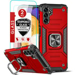 LeYi Rugged Armor Case for Samsung Galaxy A13 5G/ Samsung Galaxy A04s, [2 Pack] Tempered Screen Protector, Shockproof Military Grade Protective Hard Bumper Phone Case Cover with Ring Holder Red