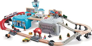 Jouet Hape Ensemble Urbain Train pour Circuit Train Bois 80 Pièces - Locomotive et Accessoires Variés : Arbre, Voitures - Jeu Educatif Enfant de 3 ans et Plus - Compatible Marques Traditionnelles