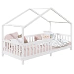 Lit cabane enfant 90x190 cm LISAN lit Simple montessori avec Barrières de Protection en Bois Massif lasuré blanc