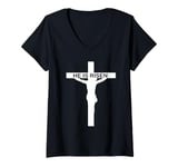 Womens Christian Cross He is Risen V-Neck T-Shirt