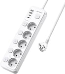 Bloc Multiprise Usb Avec 5 Prises Interrupteur Individuel,Multiprise Avec 4 Ports Usb Chargeur(2 Usb A+2 Usb C) Prise Multi Multiprise Electrique Pour La Maison Le Bureau Ou La Cuisine,2M-Blanco