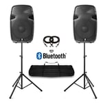 15" Bluetooth Active Powered Speakers & Stands USB MP3 DJ PA Disco Party 1600W