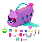 Polly Pocket Avion Chaton Transformable Coffret jouet de voyage avec 2 mini-figurines et 1 animal, scène tournante et accessoires, HWP19