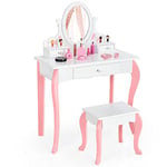 DREAMADE Coiffeuse pour Enfants 2 en 1 avec Miroir Rotatif 360° et Détachable, Table de Maquillage en Bois avec Tabouret, 3 Tiroirs, Style Princesse pour Filles,Blanc (Goutte-Blanche)