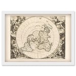 Artery8 Jacques Cassini Flat Earth Map 1713 Sepia Colour Terrestrial Planisphere According to Astronomers New Observations Decorative World Polar Projection Artwork Framed Wall Art Print A4