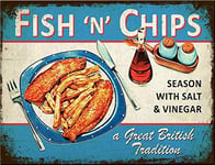 LBS4ALL Plaque murale fantaisie rétro vintage en étain 20 x 15 cm – Idéale pour pub, abri de jardin, bar, bureau, maison, chambre, salle à manger, cuisine, cadeau – Fish n Chips bord de mer
