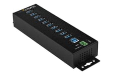 StarTech.com USB 3.0-hubb med 10 portar och nätadapter - Industriell USB-A-hubb i metall med ESD- och 350 W överspänningsskydd - Monterbar på DIN-skena/vägg/skrivbord - Höghastighets USB 3.1 Gen 1 5 Gbps-hubb - hubb - 10 portar - TAA-kompatibel