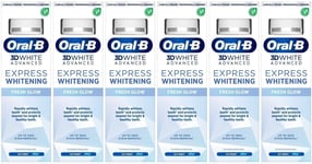 6 x Oral-B 3D White Advanced Toothpaste Express Whitening Fresh Glow Icy 75ml