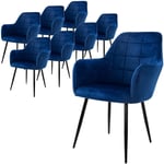 Ecd Germany Lot de 8 Chaises de Salle à Manger avec Dossier et Accoudoirs, Bleu Foncé, Chaises de Cuisine avec Revêtement en Velours, Pieds en Métal