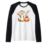 Cute Forest Animal Holding Flower and Pumpkin Illustration Raglan Baseball Tee