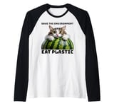 Save The Environment Eat Plastic Funny Microplastics Cat Raglan Baseball Tee