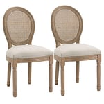 HOMCOM Lot de 2 chaises de Salle à Manger - Chaise de Salon médaillon Style Louis XVI - Bois Massif sculpté, patiné - Dossier cannage - Aspect Lin Beige