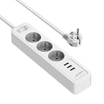 JSVER Multiprise USB,Bloc Multiprise 3 Prises avec 3 Ports USB Chargeur (5V 2,4A/12W) Prise Multi 3680W 16A avec Interrupteur Cable 2m pour Maison, Bureau-Blanc