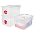 Iris Ohyama, Boite de Rangement Multi-Usages, 50L, Lot de 3, Fermeture Facile, Empilable, en Plastique Transparent, pour Vêtement, Étagères, École, Organisation, Jouet, Papeterie, Chaussures, MCB-50