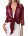 iClosam Boléro Femme Gilet Femme Chemise de Protection Solaire Cardigan Basic en Mousseline Casual Châle Femme Élégant Top Section Blouse, Vin Rouge, L