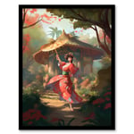 Geisha Performing in Tranquil Garden Painting Graceful Traditional Dance Floral Japan Kimono Spring Bloom Flower Landscape Art Print Framed Poster Wal