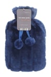 2 Litre Hot Water Bottle + Luxury & Cosy Navy Faux Fur Cover with Pom Pom