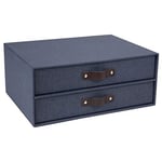 Bigso Box of Sweden Drawer Storage Box for Documents and Office Supplies - 2-Drawer Desk Organiser - Fibreboard and Paper Filing System with Elegant Leather Handle - Blue