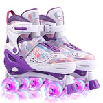 Hikole Roller Enfant Fille 4 Roues Patins à roulettes Réglables Roller Quad Respirant Et Confortable avec Roues Allumées Roller Enfant Garcon Evolutif Mauve