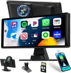 Autoradio Portable tactile 10.26'' avec Carplay Android Auto, Dashcam caméra Avant et arrière, Récepteur Audio pour Voiture avec Bluetooth FM Transmitter AUX 64GB TF Card+Loop Recording