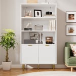 Meuble de rangement de salle de bain-Armoire haute blanche élégante avec décorations dorées, 2 portes, 3 compartiments pour rangement ouvert,