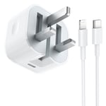 iPhone Fast Charger Plug and Cable [MFi Certified] 20W PD USB-C iPhone Charger Fast Charge Plug UK with 2M iPhone Fast Charger Cable Lightning Cable for iPhone 14/14 Pro Max/13/12/11/XS/XR/XS/8,iPad