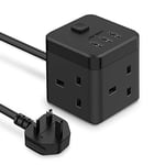 JSVER Cube Extension Lead with 3 USB Ports (5V/2.4A) 3 Outlet Power Strip with Switch Power Socket with 200cm Cable for Home, Office, Hotel, Travel -Black