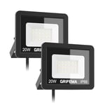 GRIFEMA 20W LED Floodlight Outdoor, 2200LM, 6500K Cool White, IP66 Waterproof, Adjustable 180° Bracket, Security Lighting for Garden, Garage, Yard, Pack of 2