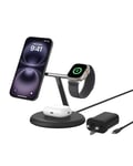 Belkin 3-in-1 Wireless Charging Stand with Magnetic MagSafe Compatible Qi2 15W, Fast Charging iPhone Charger for iPhone 16, 15, 14, and 13 Series, AirPods, Apple Watch, & More (PSU included) - Black