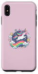 Coque pour iPhone XS Max Licorne ludique volant à travers le ciel étoilé avec arc-en-ciel