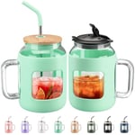 BLUEGO 1500ml Glass Tumbler with Handle and Straw Reusable Glass Tumblers with Lid Glass Coffee Mug with Silicone Sleeve BPA Free 1.5L Glass Water Bottle Leak Proof, Green