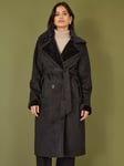 Yumi Trench Faux Fur Coat, Black