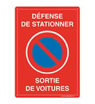 AUA SIGNALETIQUE - Panneau Prépercé (4 Trous) avec Angles arrondis - PVC Rigide 1.5 mm - (150x210 mm, Défense de Stationner Sortie Voitures)