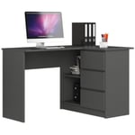 Bureau AKORD d'angle droit B16 Gris Graphite 124 cm 3 tiroirs façade Gris Graphite 2 étagères 124x85x77 cm