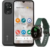 8100 + Watch - Smartphone 4g Facile Pour Seniors - Écran 6.1"" - Triple Caméra- Montre Connectée Femme Homme - Podomètre - Haute Lisibilité - Touche D'assistance Avec Gps (Noir+Montre Vert)