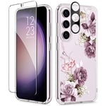 GVIEWIN Compatible with Samsung Galaxy S23 Plus Case 6.6" 2023,with Screen Protector + Camera Lens Protector,[10FT Drop Tested]Flower Clear Hard PC Anti-Scratch Shockproof Cover,Cherry Blossoms/Purple