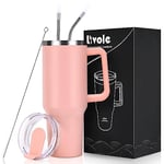 Livole 40oz Tumbler with Handle, 1200ml Leakproof Vacuum Travel Mug for Cold Hot Drink, Insulated Coffee Cup with Straw and Lid, Stainless Steel Water Bottle for Travel, Camping, Sports, Light Pink