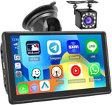 Podofo Autoradio portable Android Carplay sans fil avec écran tactile 7 pouces Bluetooth caméra embarquée 4K avec liaison avec le rétroviseur/commande vocale/prise en charge de la vision nocturne