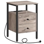 HOOBRO Tables de Chevet, Table Basse avec Prise et Port USB, Table d’Appoint avec Tiroirs et Étagères de Rangement, Adaptée aux Petits Espaces, Salon, Chambre, Grège, Noir EBG43CBZ01G2