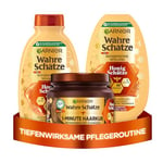 Garnier Wahre Schätze Lot de 3 accessoires de soin pour cheveux au miel d'acacia, manuka et lavande, shampoing miel (250 ml), après-shampoing 200 ml, cure 1 minute (340 ml)