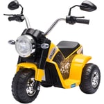 Moto électrique enfant chopper tout-terrain 6 v 20 w marche av ar 3 roues effets lumineux et sonores jaune noir