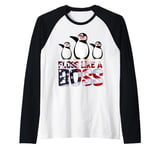 Floss Like A Boss American Flag Funny Penguin 4th of July Raglan Baseball Tee