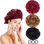 3 Pieces Bonnet Soie Cheveux Nuit avec 3 Élastiques Cheveux, Bonnet en Satin Chapeau Sommeil Réutilisable, Bonnet de Nuit Femme pour Protection Cheveux Courts (Noir+Bordeaux+Or)